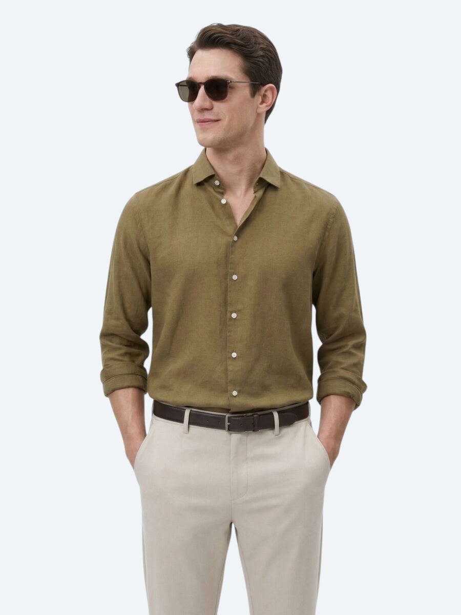 Haki Düz Regular Fit Uzun Dokuma Casual Pamuk Karışımlı Gömlek - 1