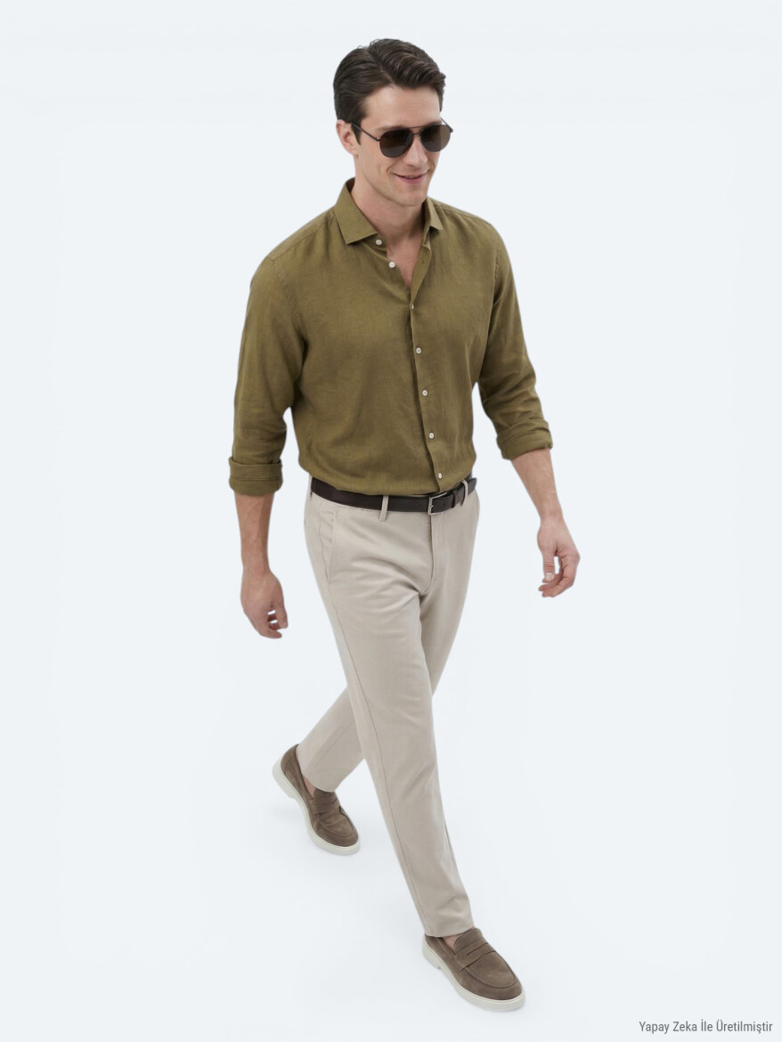 Haki Düz Regular Fit Uzun Dokuma Casual Pamuk Karışımlı Gömlek - 3
