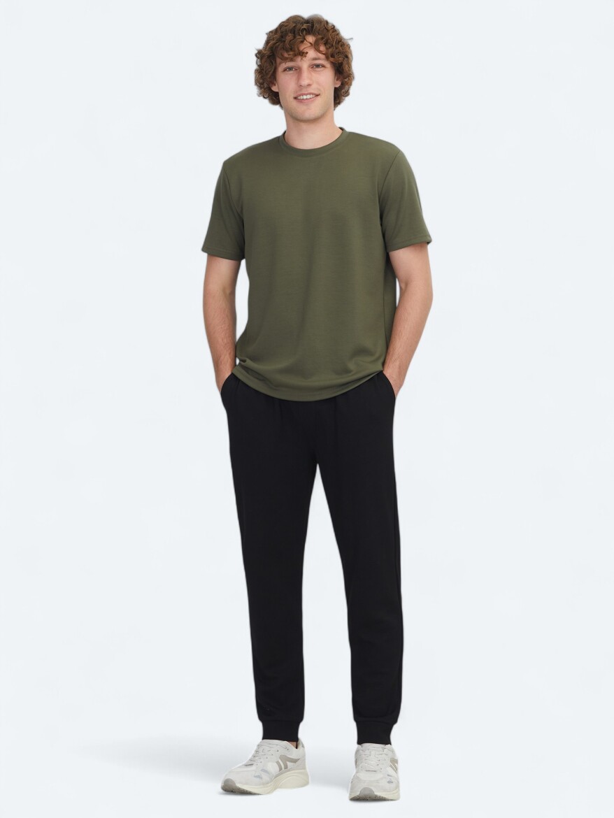 Haki Düz Bisiklet Yaka T-Shirt - 2