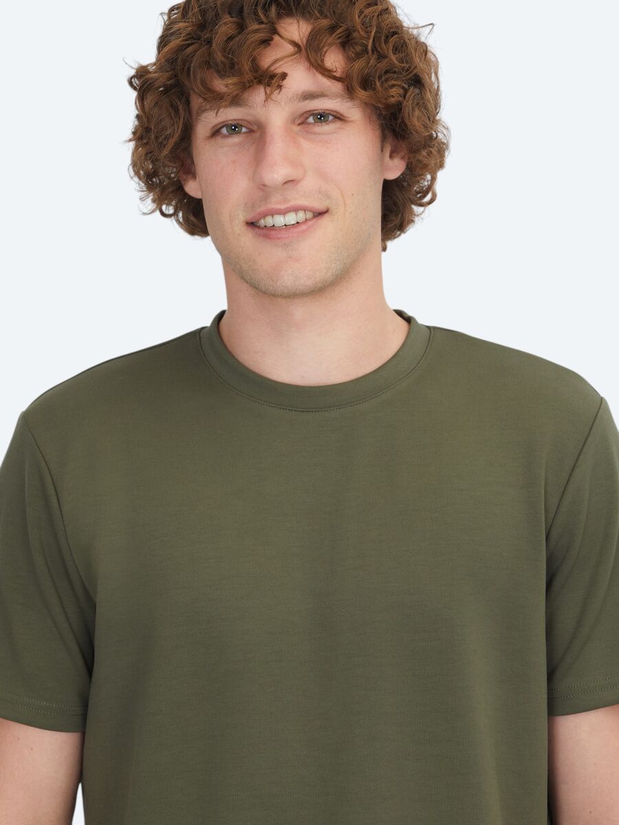 Haki Düz Bisiklet Yaka T-Shirt - 3