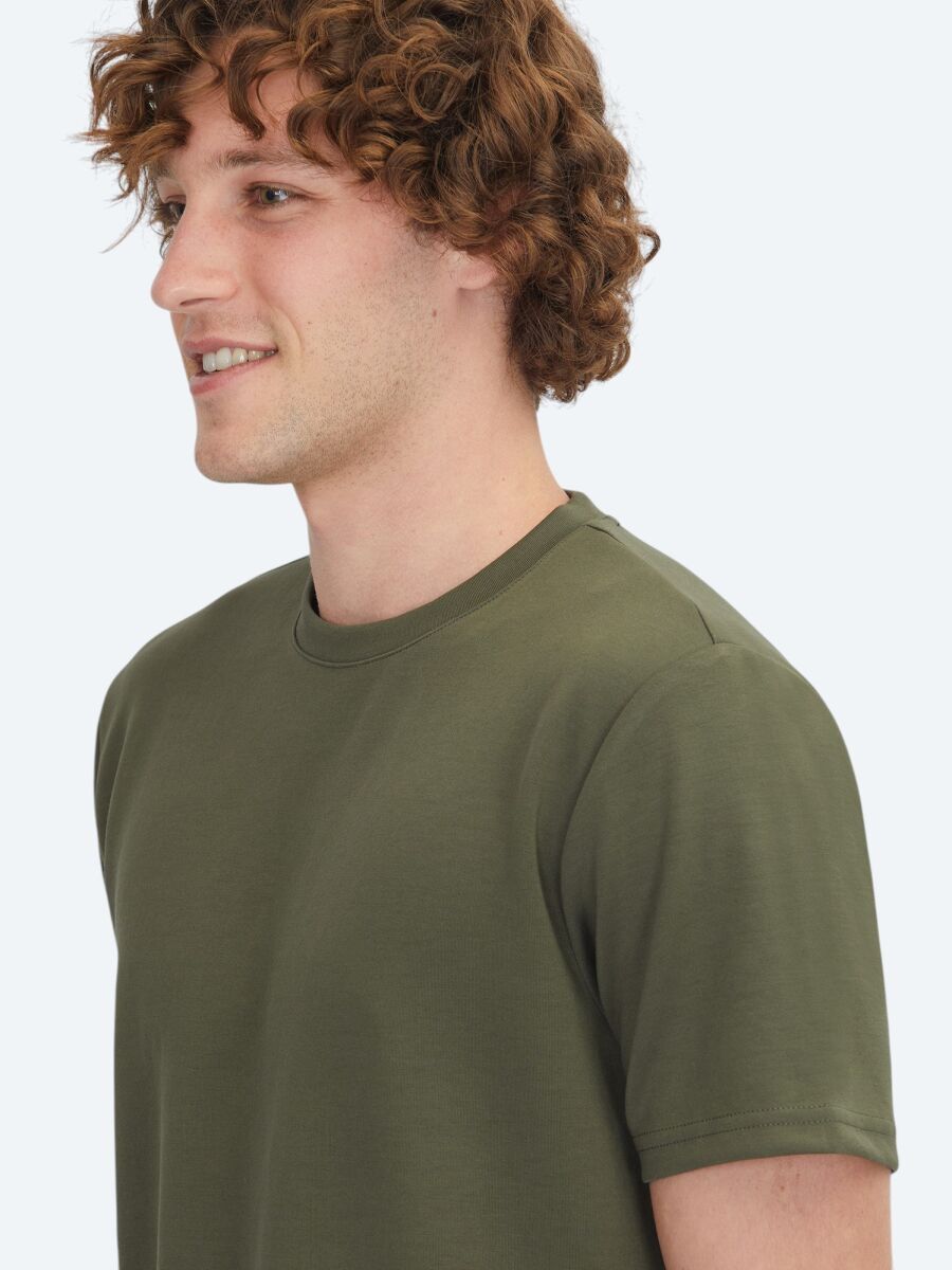 Haki Düz Bisiklet Yaka T-Shirt - 4