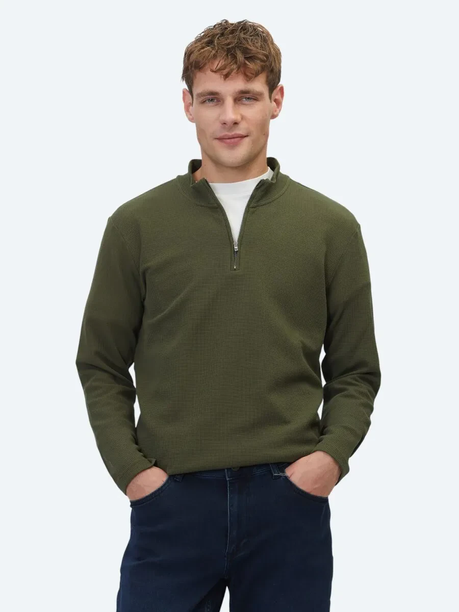 Haki Fitilli Bisiklet Yaka T-Shirt - 1