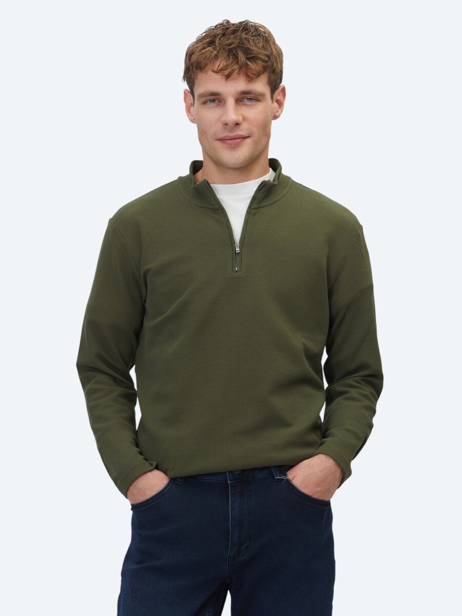 Haki Fitilli Bisiklet Yaka T-Shirt - 1