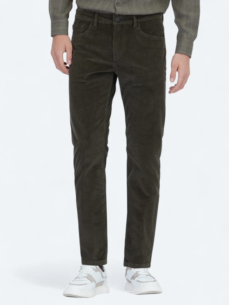 Haki Fitilli Dokuma Slim Fit Kadife Casual Pamuk Karışımlı Pantolon - KİP