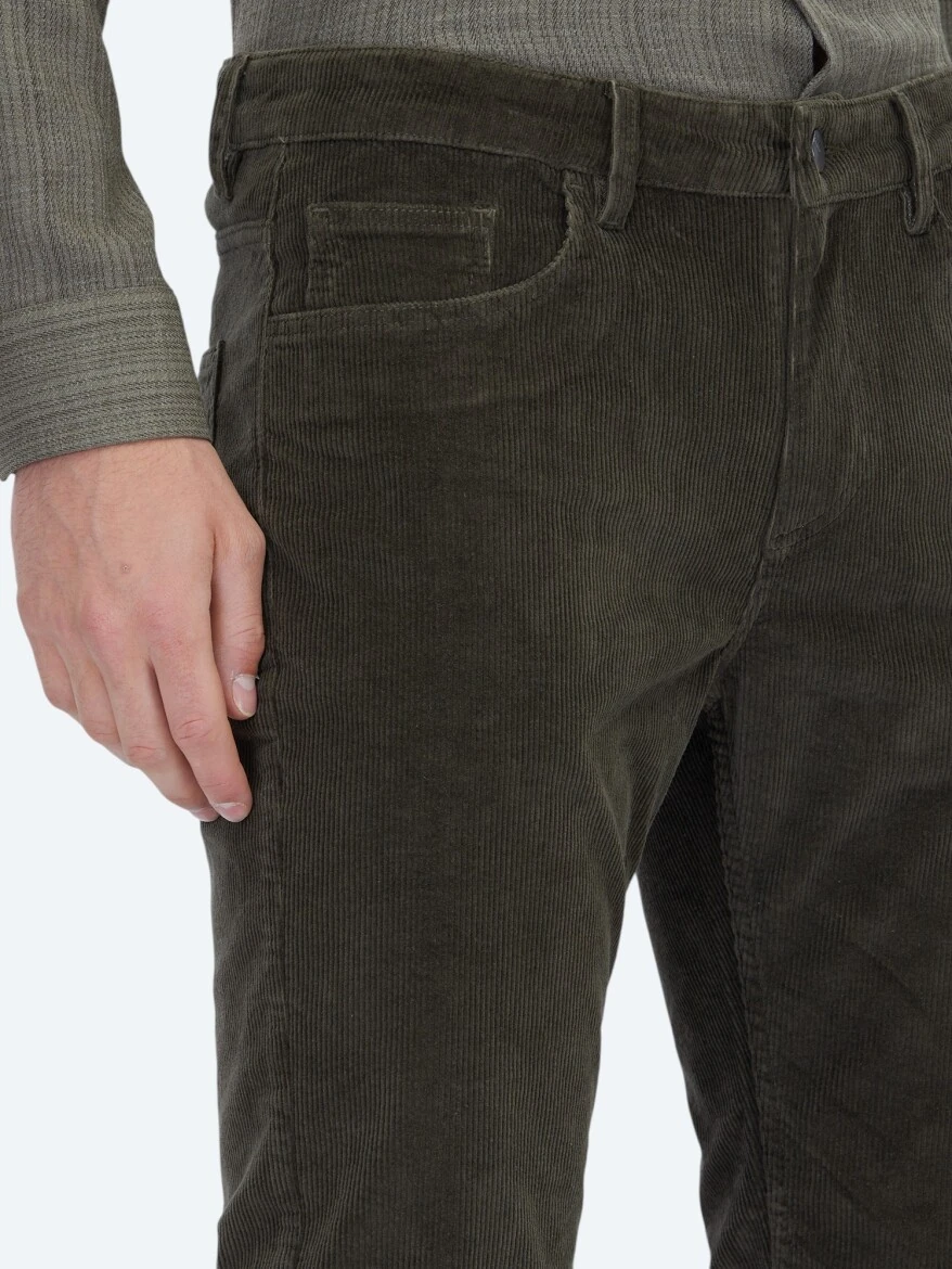 Haki Fitilli Dokuma Slim Fit Kadife Casual Pamuk Karışımlı Pantolon - 3