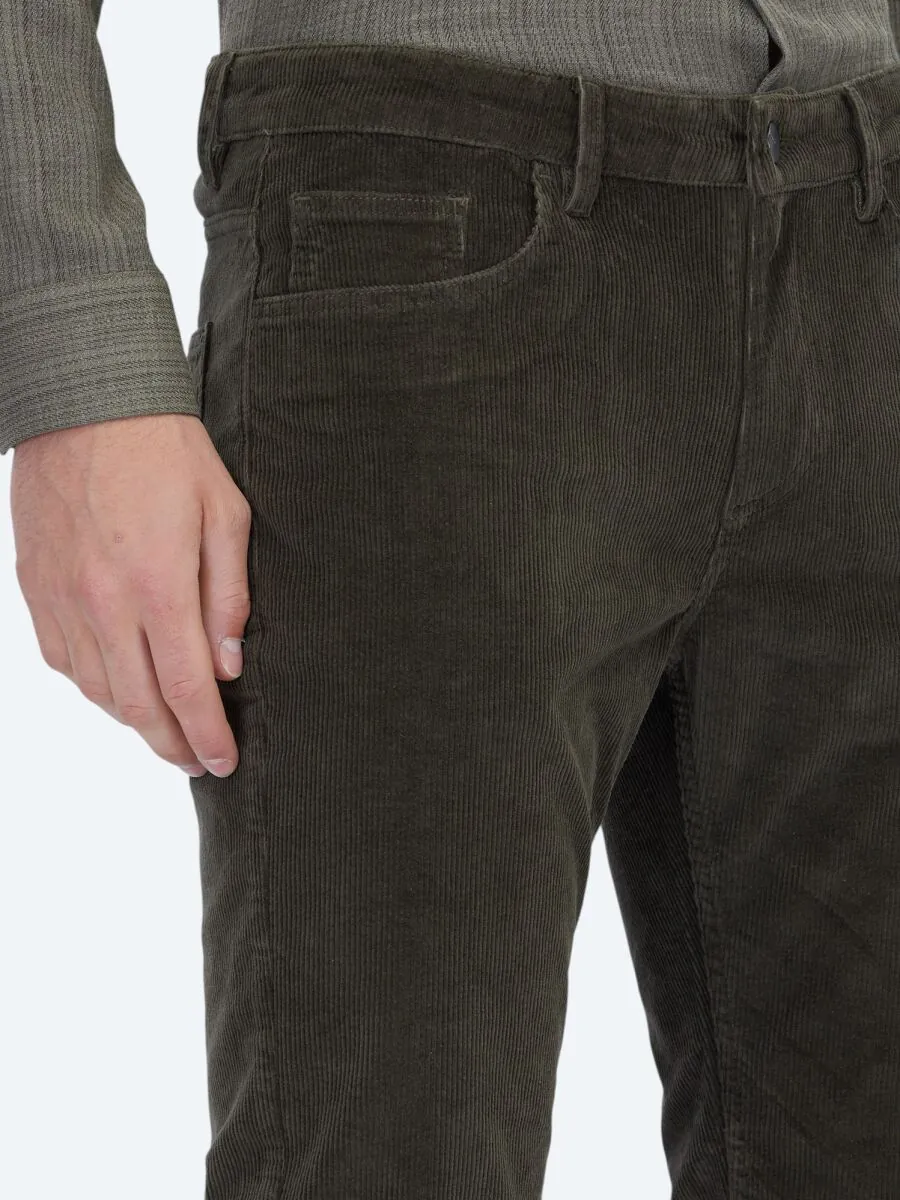 Haki Fitilli Dokuma Slim Fit Kadife Casual Pamuk Karışımlı Pantolon - 3