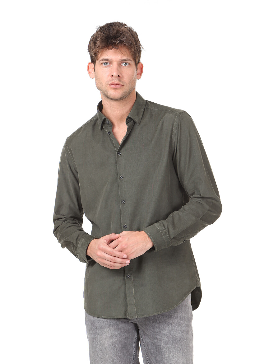 Haki Fitilli Regular Fit Dokuma Kadife Casual %100 Pamuk Gömlek - 1