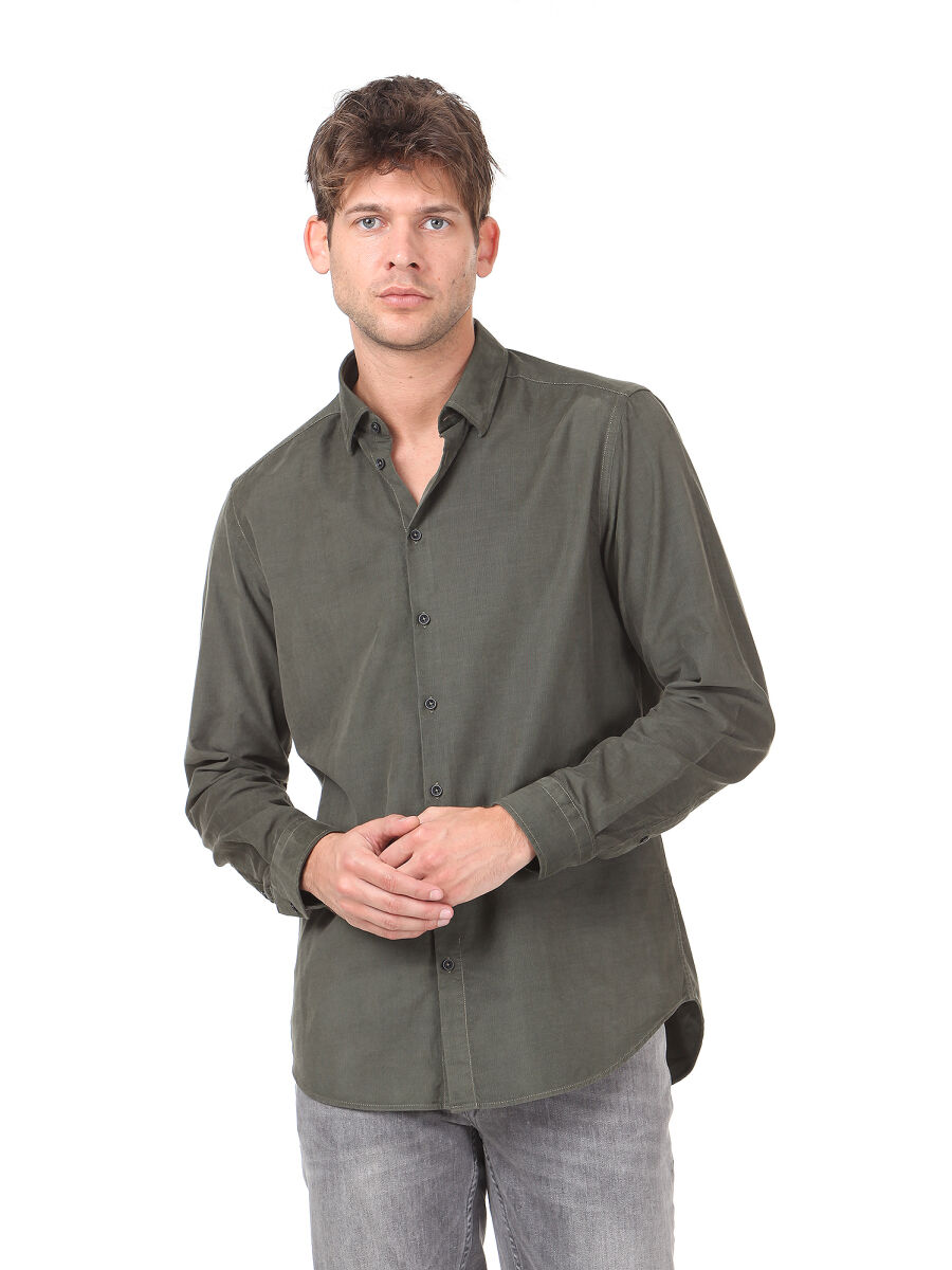 Haki Fitilli Regular Fit Dokuma Kadife Casual %100 Pamuk Gömlek - 1