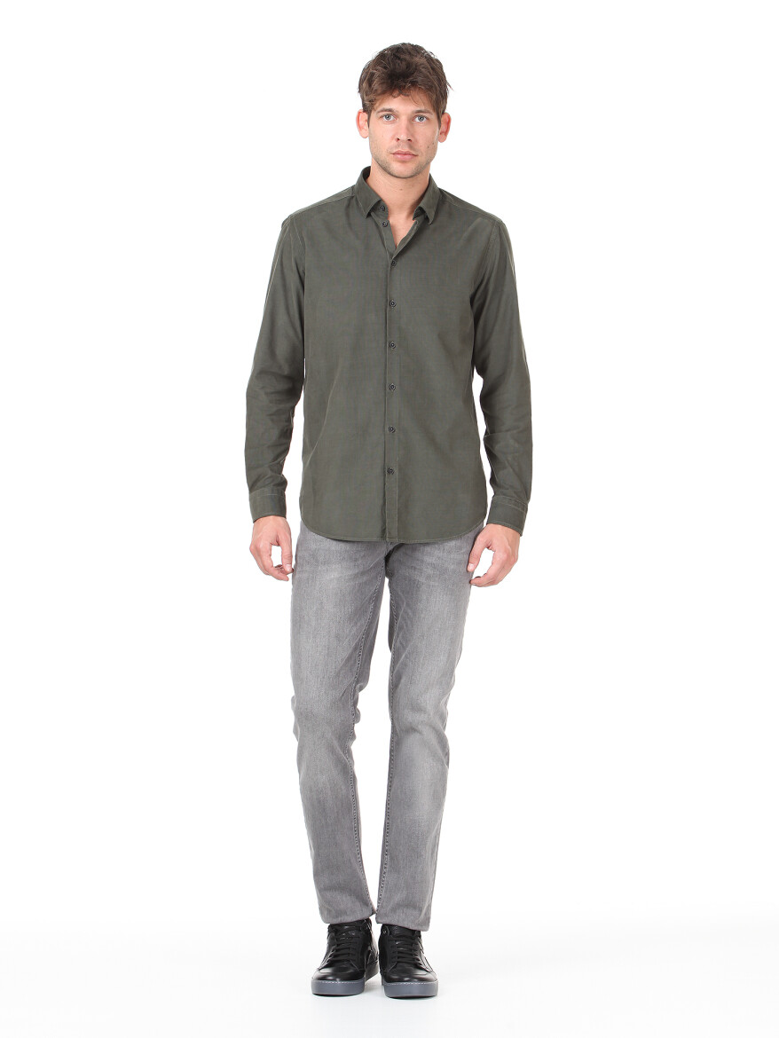 Haki Fitilli Regular Fit Dokuma Kadife Casual %100 Pamuk Gömlek - 3