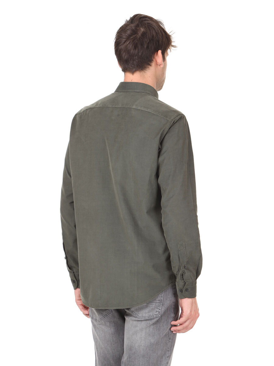 Haki Fitilli Regular Fit Dokuma Kadife Casual %100 Pamuk Gömlek - 4