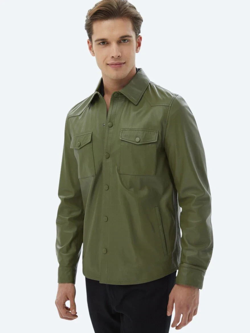 Haki Gömlek Yaka Smart Casual Koyun Derisi Deri Mont - 1