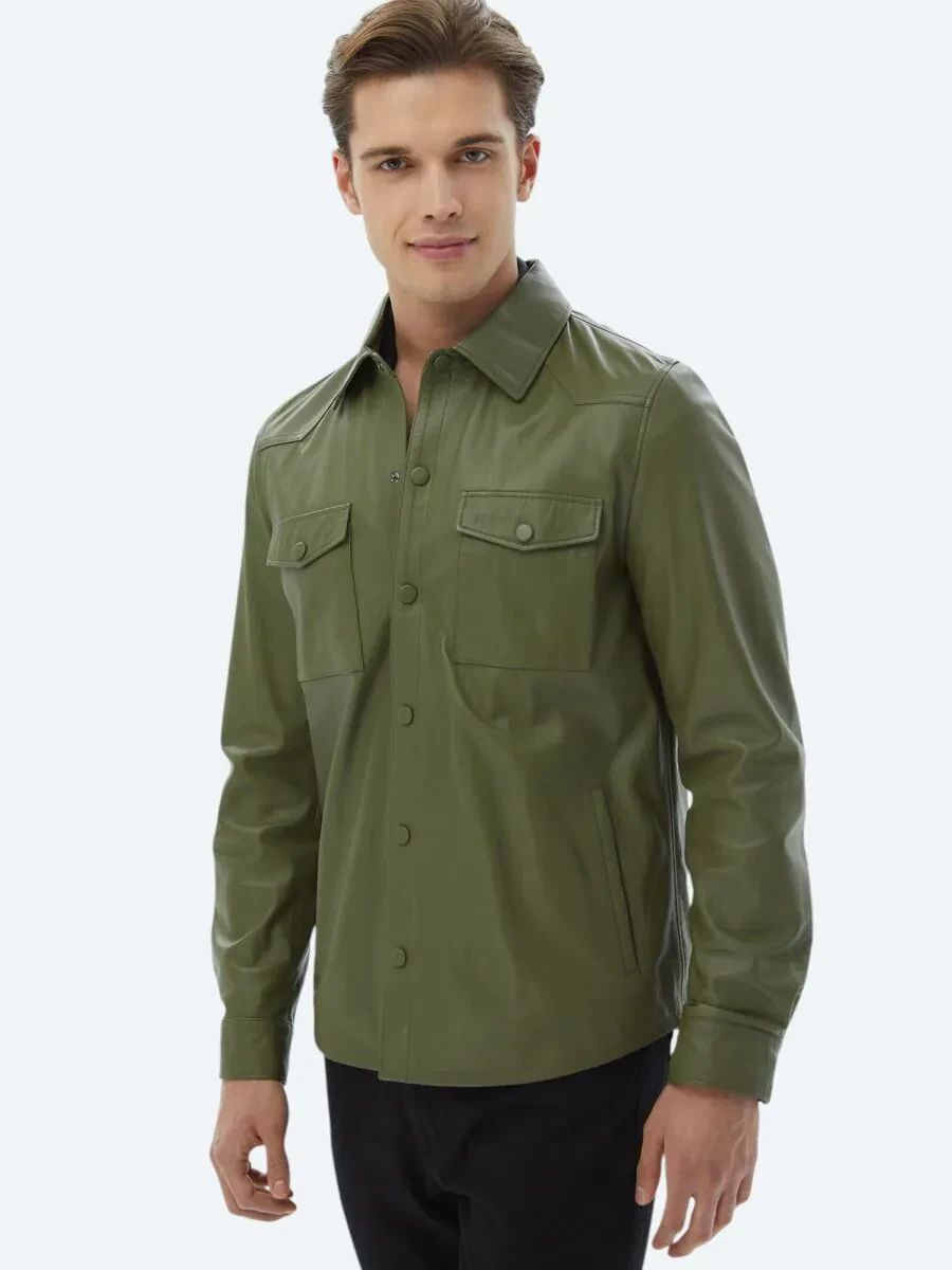 Haki Gömlek Yaka Smart Casual Koyun Derisi Deri Mont - 1