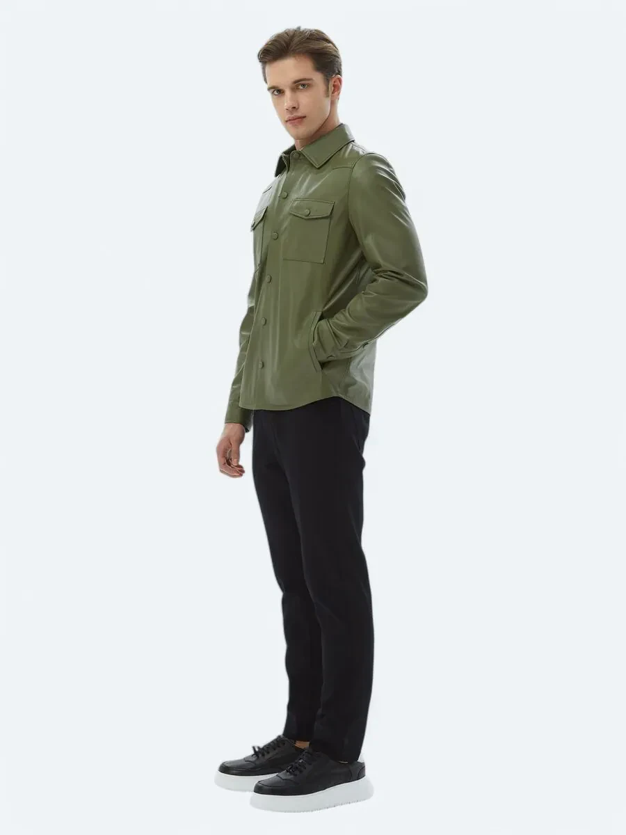 Haki Gömlek Yaka Smart Casual Koyun Derisi Deri Mont - 3