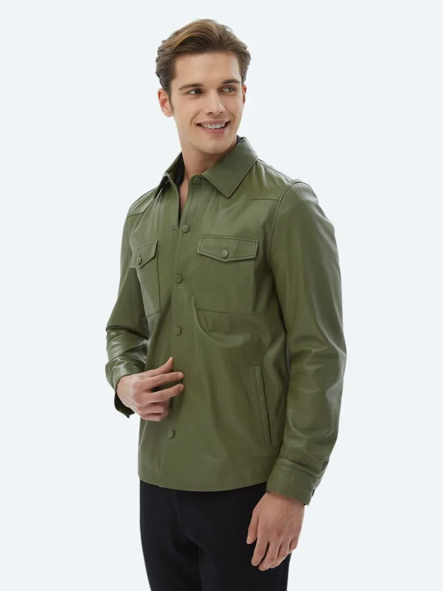 Haki Gömlek Yaka Smart Casual Koyun Derisi Deri Mont - 4