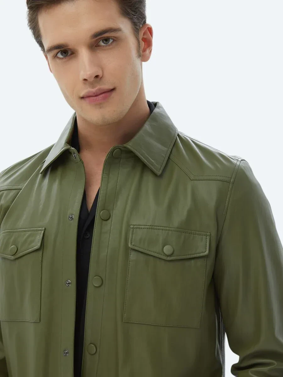 Haki Gömlek Yaka Smart Casual Koyun Derisi Deri Mont - 5