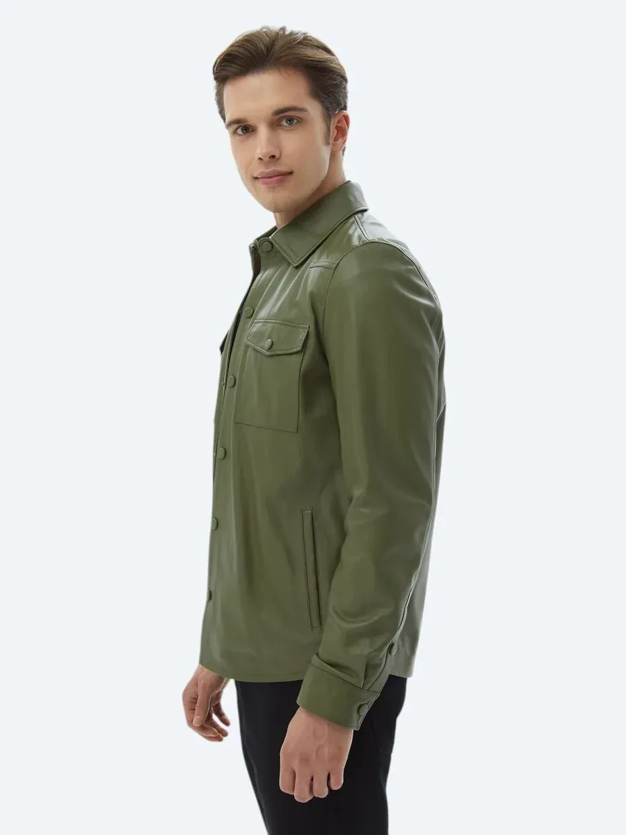 Haki Gömlek Yaka Smart Casual Koyun Derisi Deri Mont - 6