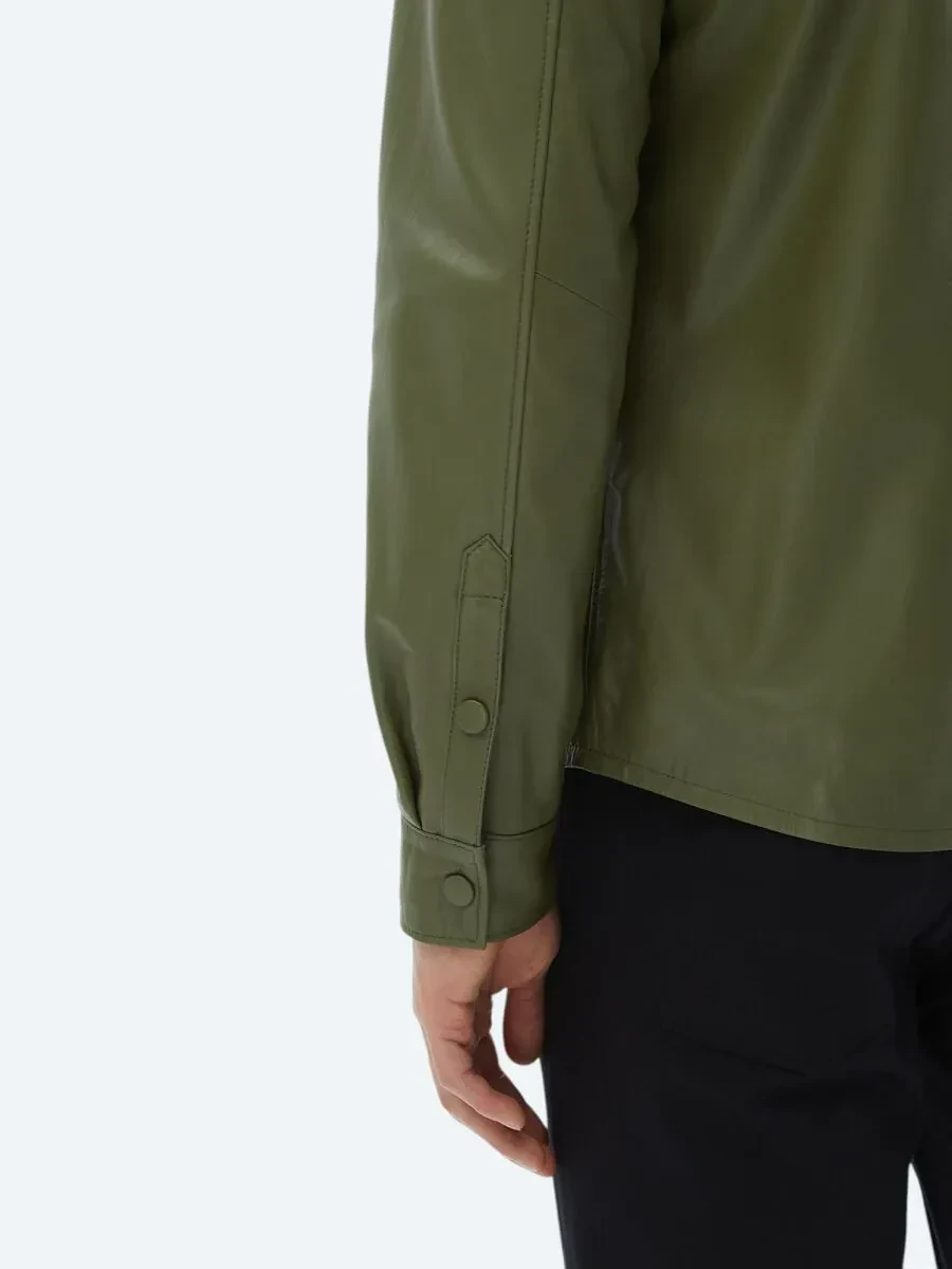 Haki Gömlek Yaka Smart Casual Koyun Derisi Deri Mont - 7