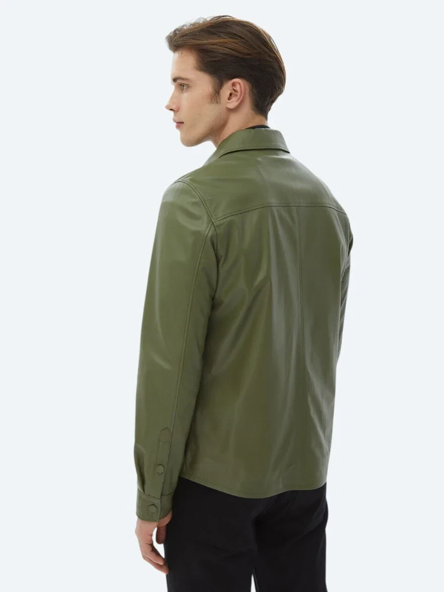Haki Gömlek Yaka Smart Casual Koyun Derisi Deri Mont - 8
