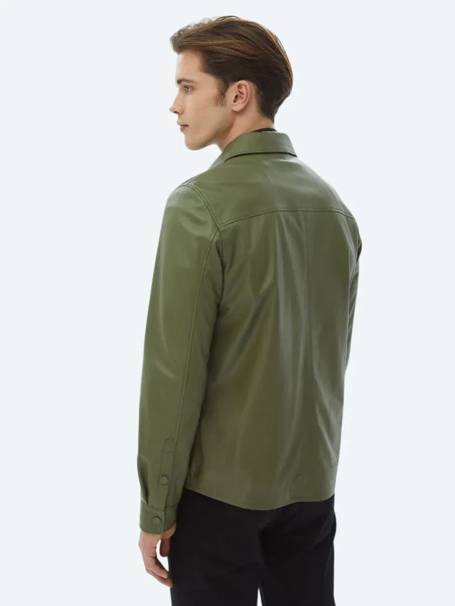 Haki Gömlek Yaka Smart Casual Koyun Derisi Deri Mont - 8