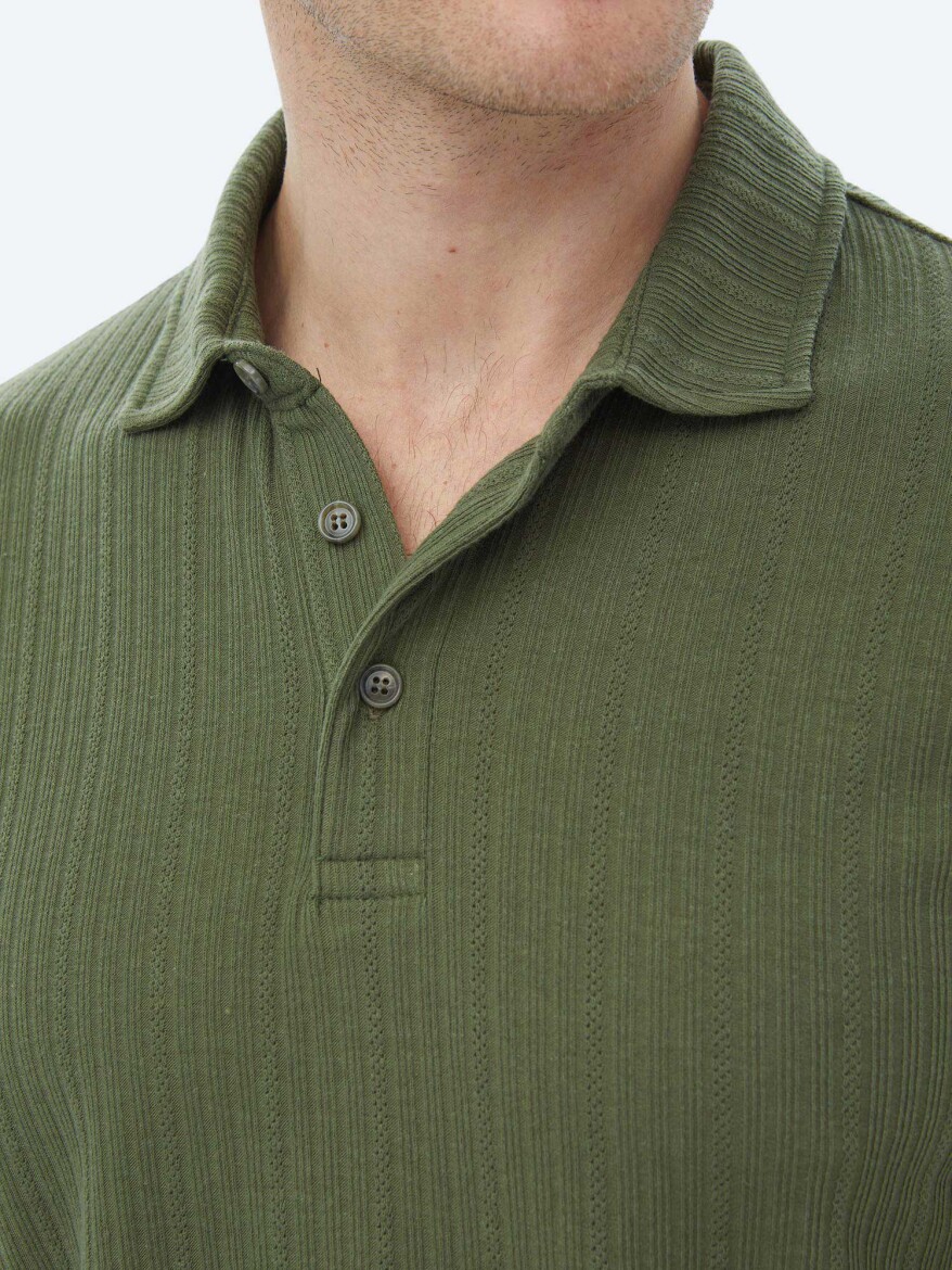 Haki Jakarlı Polo Yaka Pamuk Karışımlı T-Shirt - 5