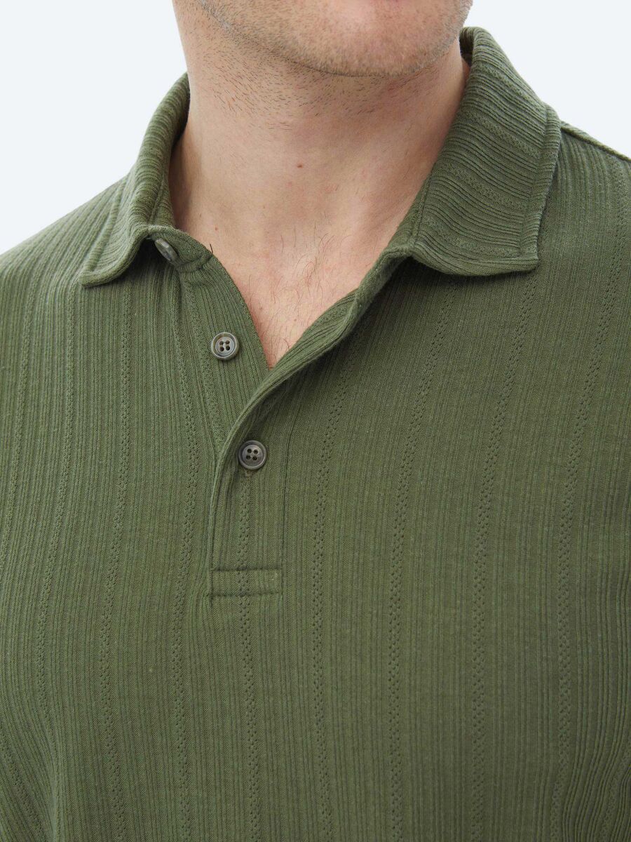Haki Jakarlı Polo Yaka Pamuk Karışımlı T-Shirt - 5