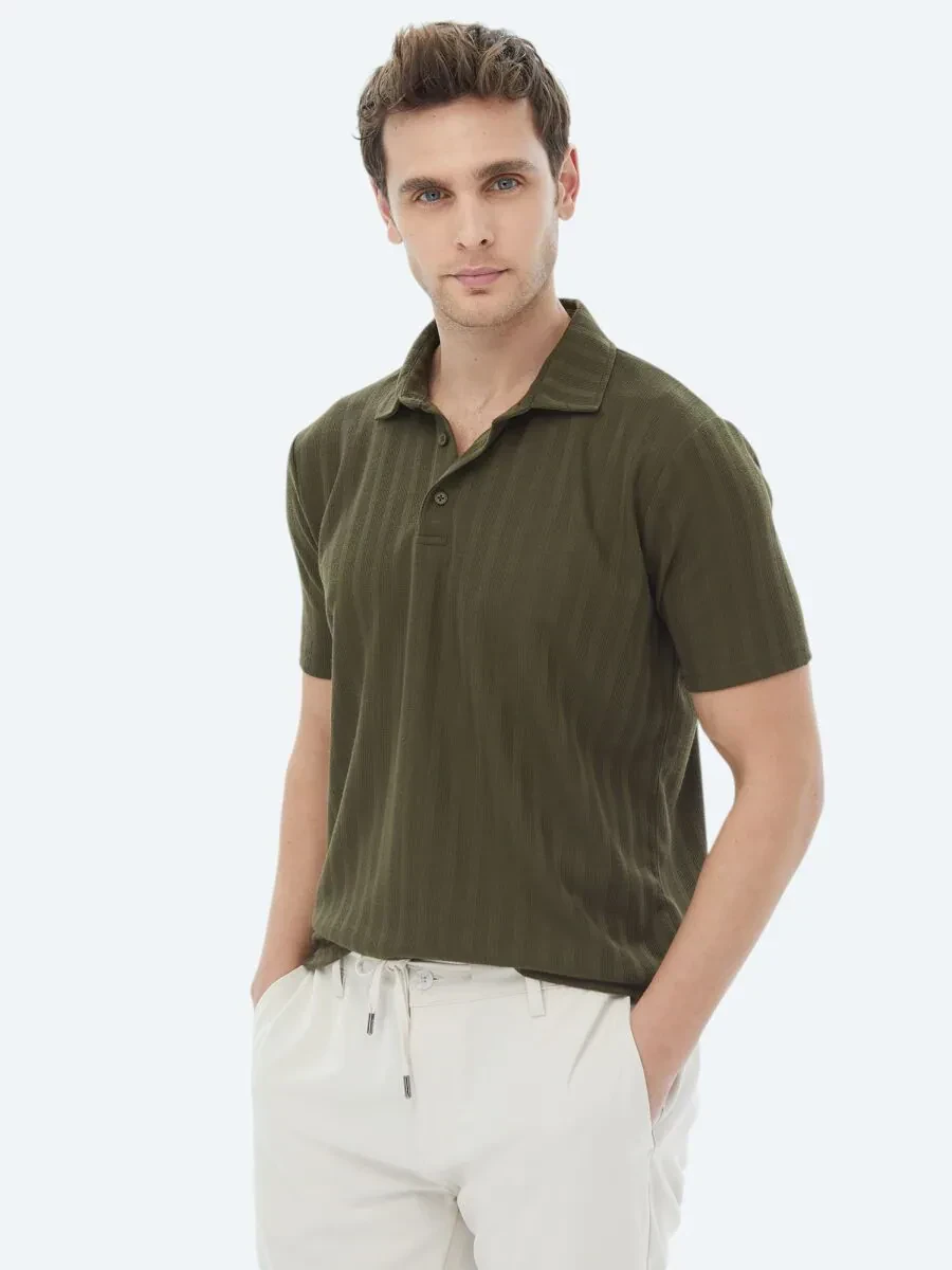 Haki Jakarlı Polo Yaka T-Shirt - 5