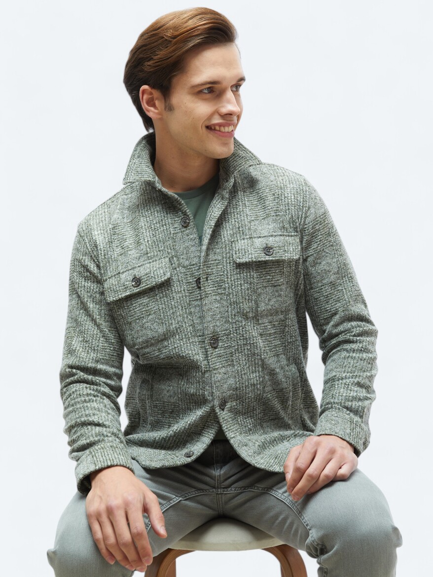Haki Kareli Regular Fit Yün Karışımlı Overshırt - 1