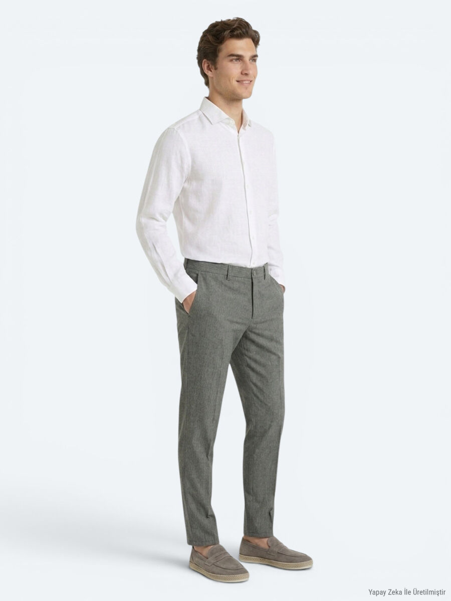 Haki Kumaş Relaxed Fit Casual Keten Karışımlı Pantolon - 3