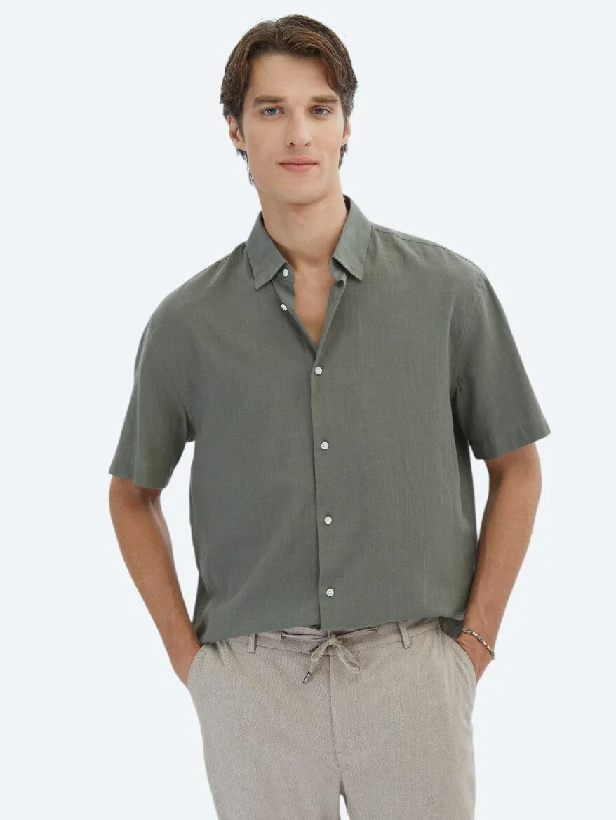 Haki Oversize Fit Dokuma Casual %100 Pamuk Gömlek - KİP