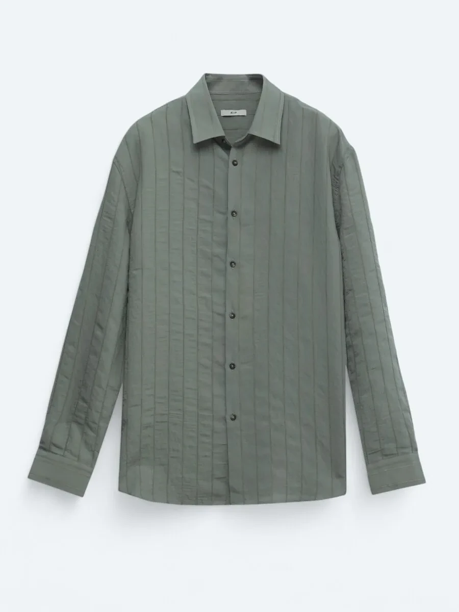 Haki Oversize Fit Dokuma Casual Gömlek - 1