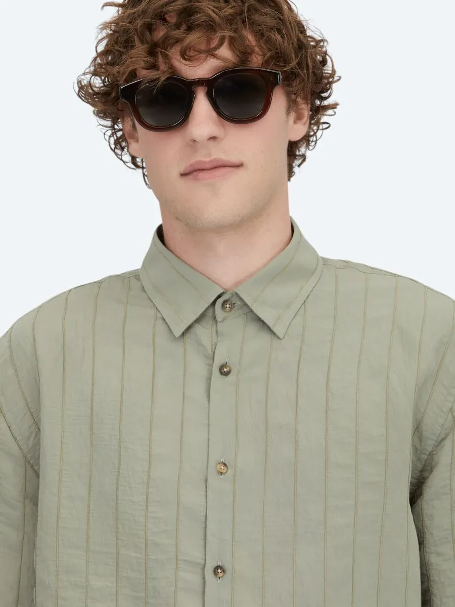 Haki Oversize Fit Dokuma Casual Gömlek - 3