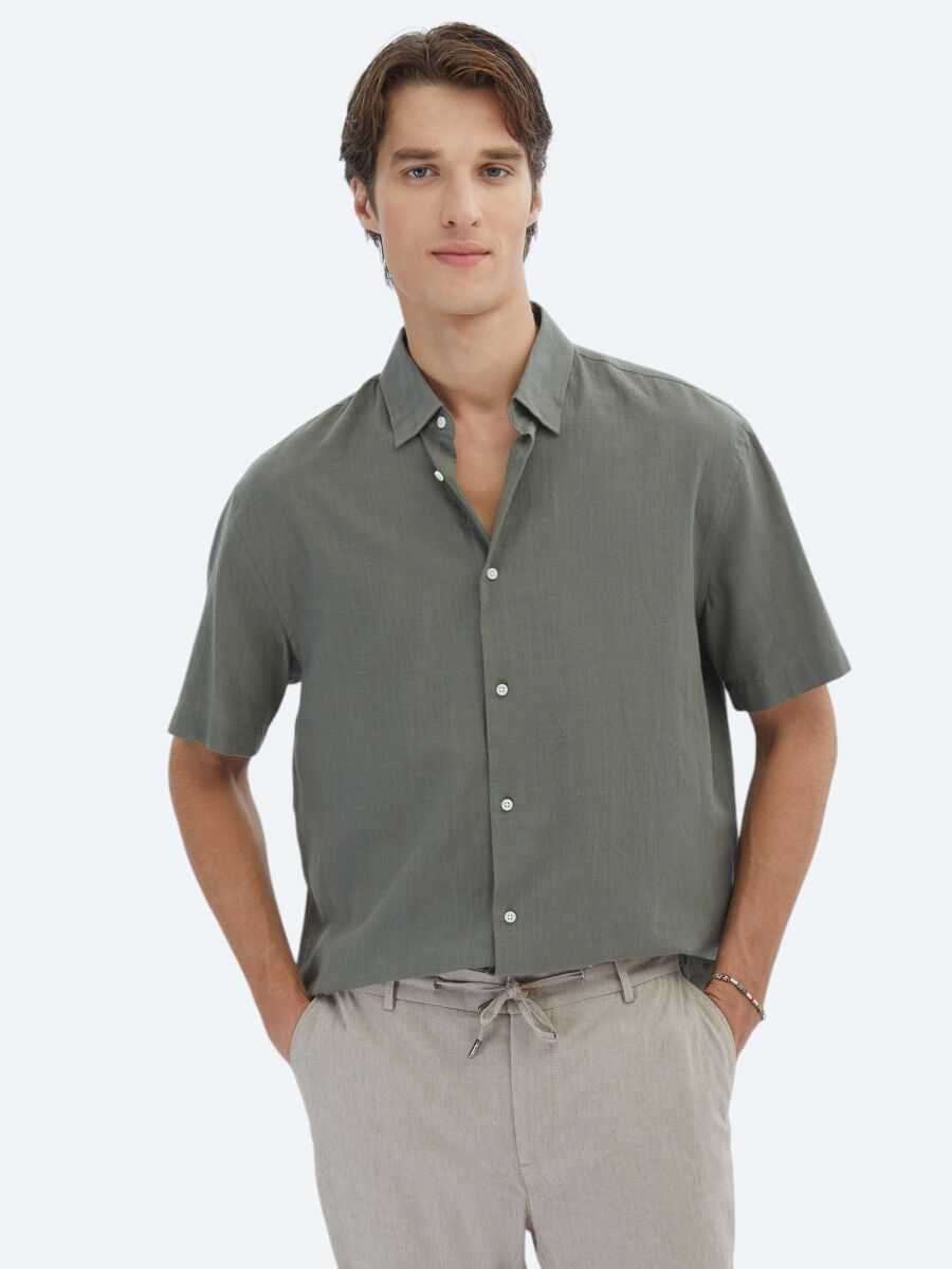 Haki Oversize Fit Kısa Dokuma Casual %100 Pamuk Gömlek - 1