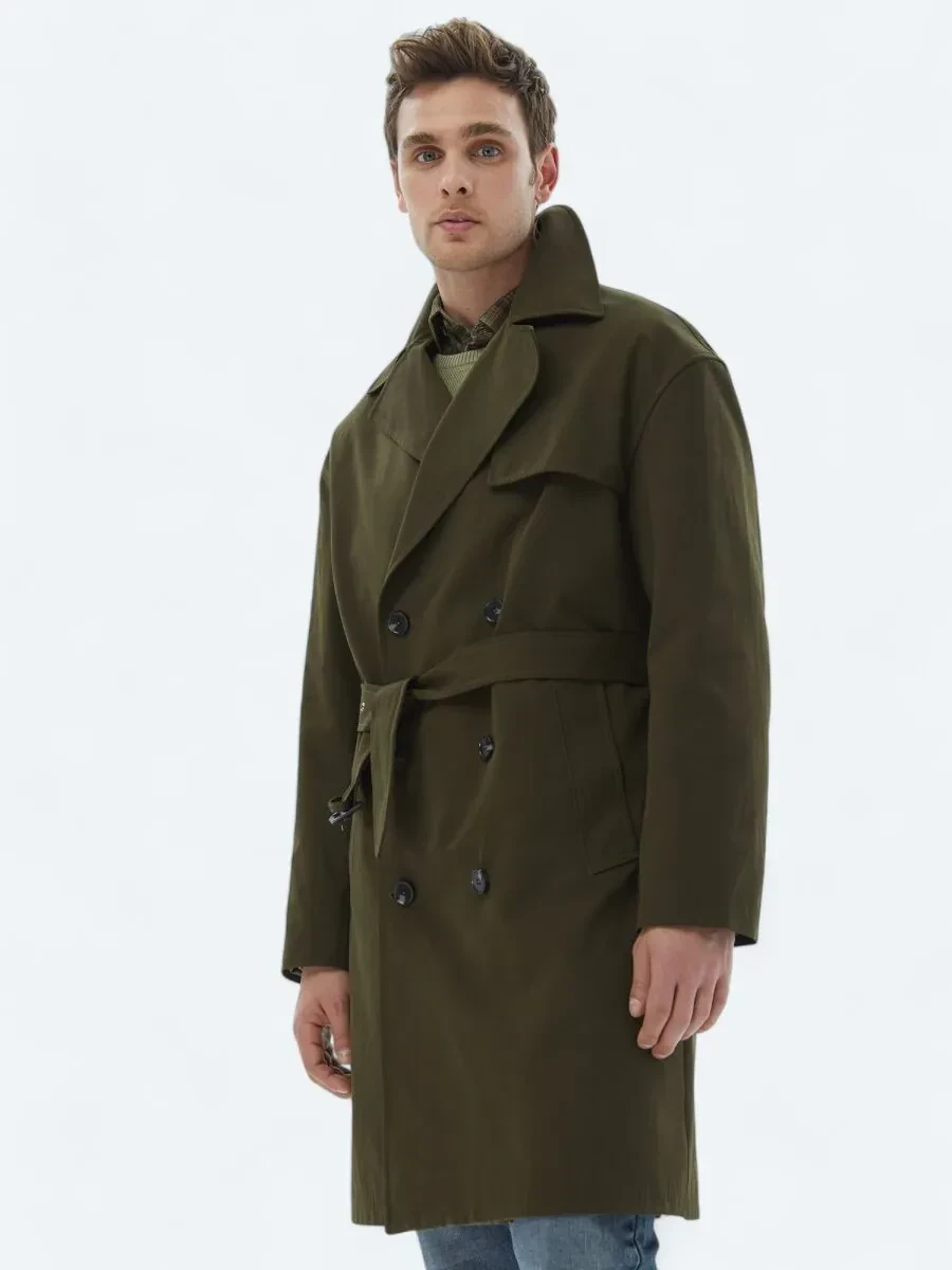 Haki Oversize Fit Kruvaze Yaka Casual Dokuma Pardesü - 1