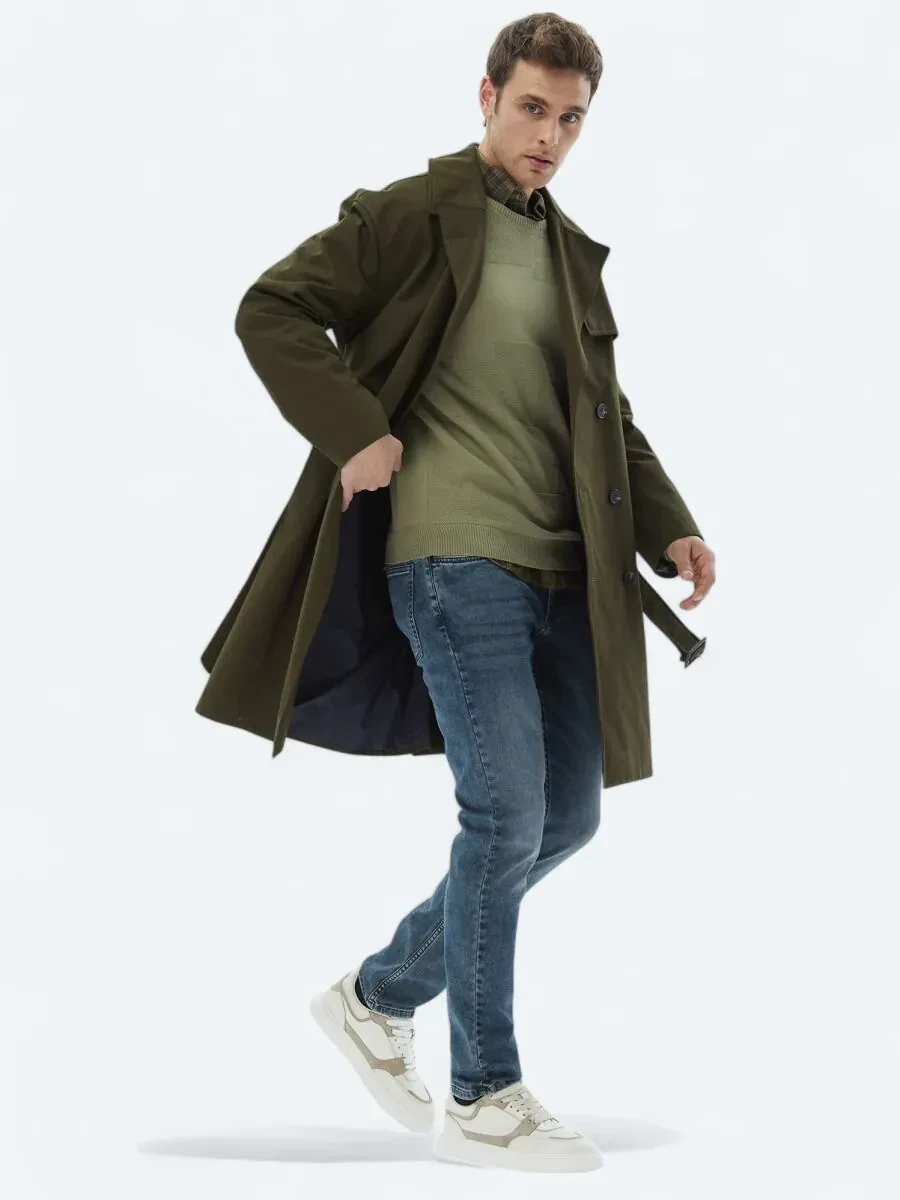 Haki Oversize Fit Kruvaze Yaka Casual Dokuma Pardesü - 2