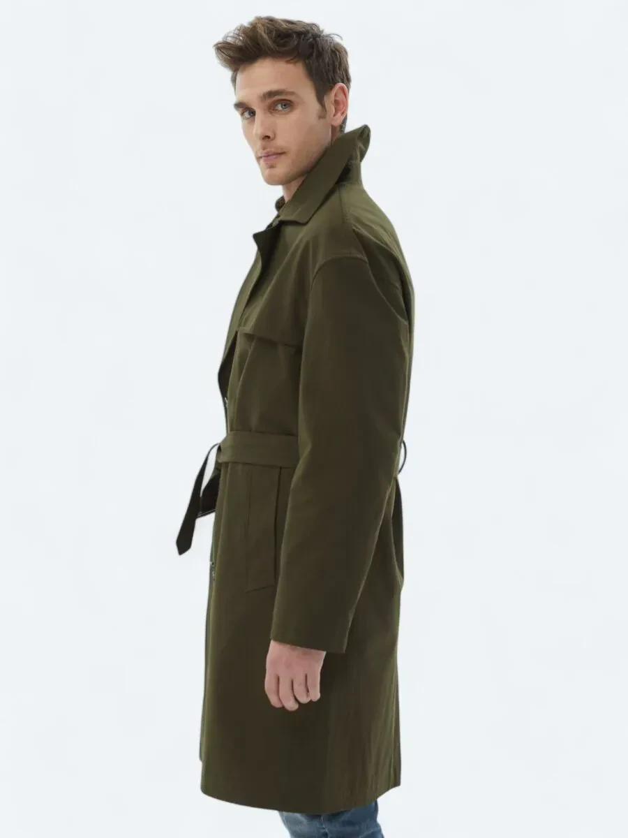 Haki Oversize Fit Kruvaze Yaka Casual Dokuma Pardesü - 3