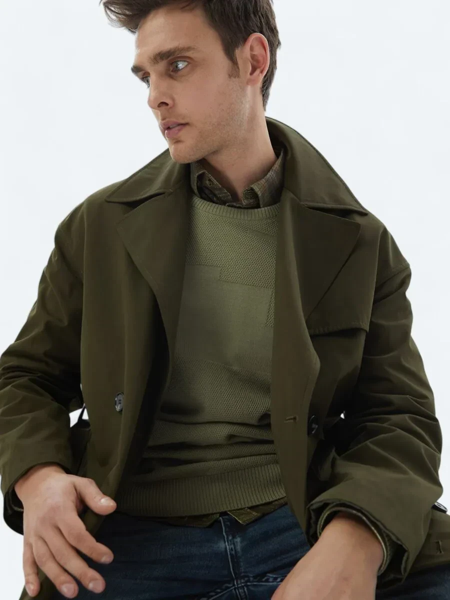 Haki Oversize Fit Kruvaze Yaka Casual Dokuma Pardesü - 4