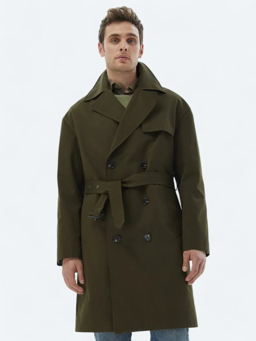 Haki Oversize Fit Kruvaze Yaka Casual Dokuma Pardesü - 5
