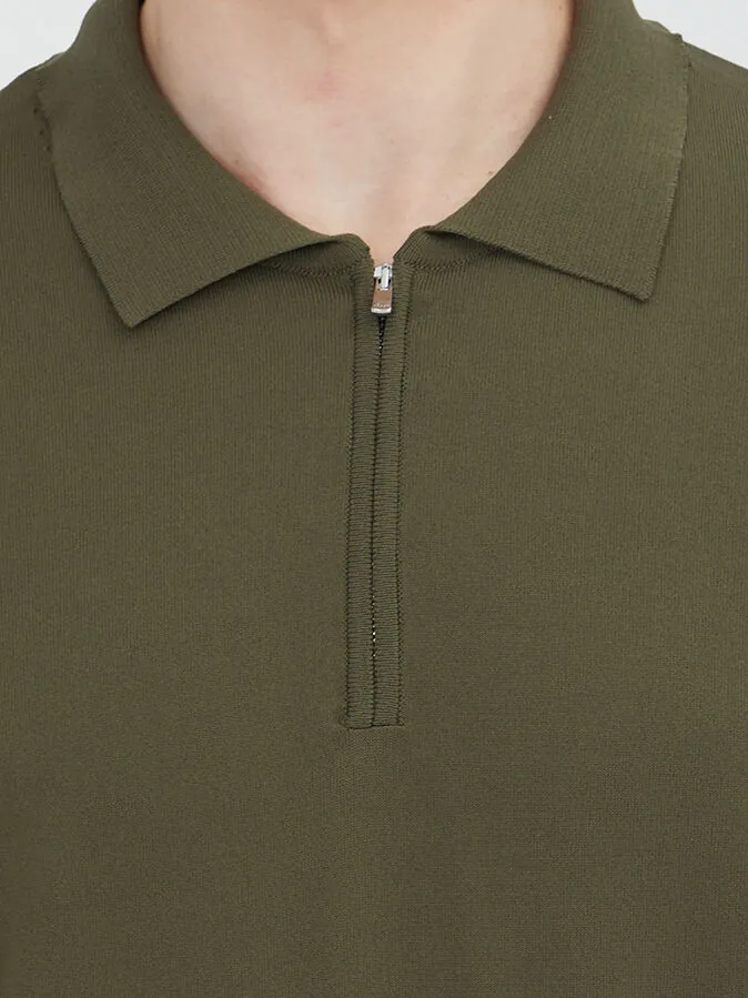 Haki Polo Yaka Düz Örgü Triko Kazak - 5