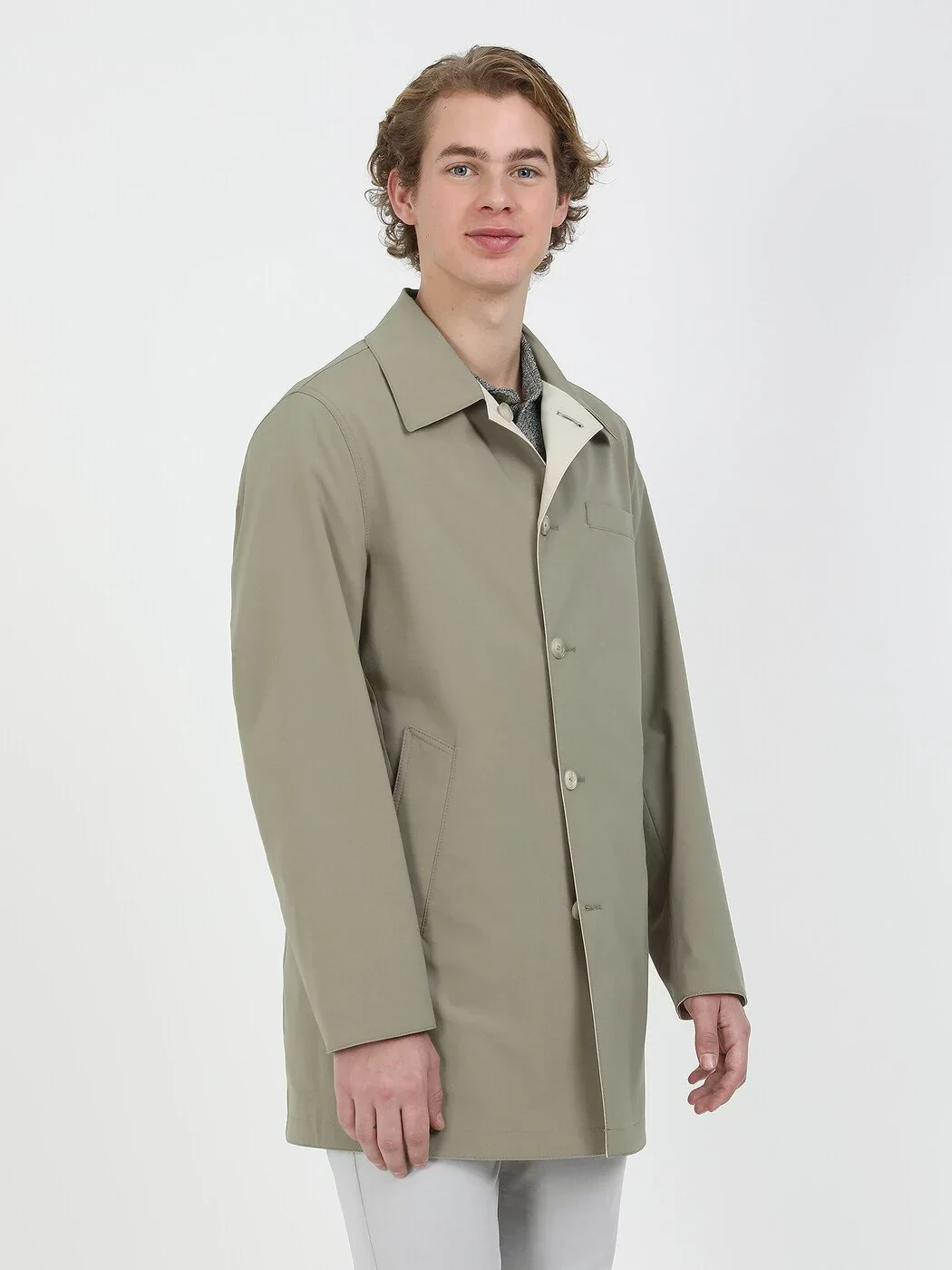 Haki Regular Fit Dik Yaka Casual Dokuma Çift Taraflı Pardesü - 3