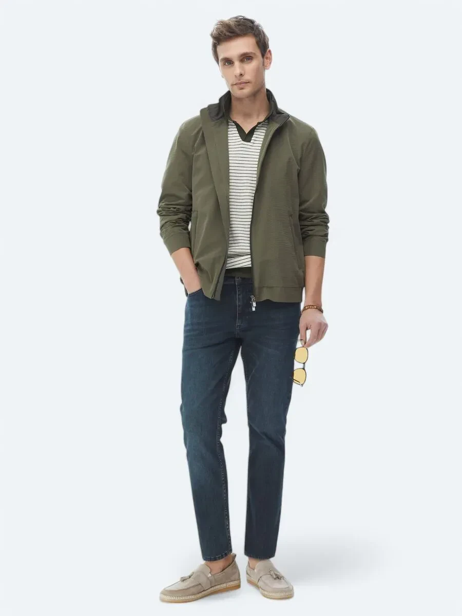Haki Regular Fit Dik Yaka Casual Dokuma Mont - 5
