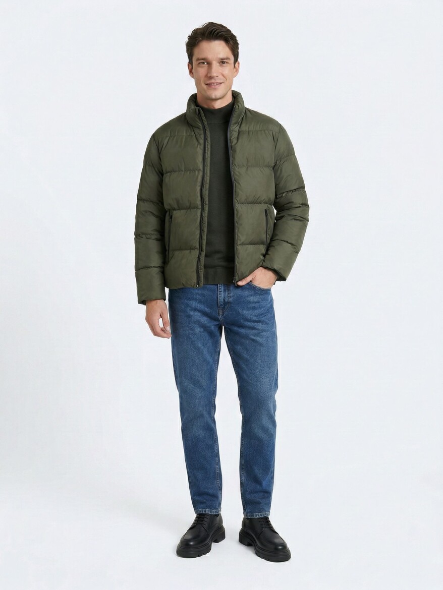 Haki Regular Fit Dik Yaka Casual Dokuma Mont - KİP