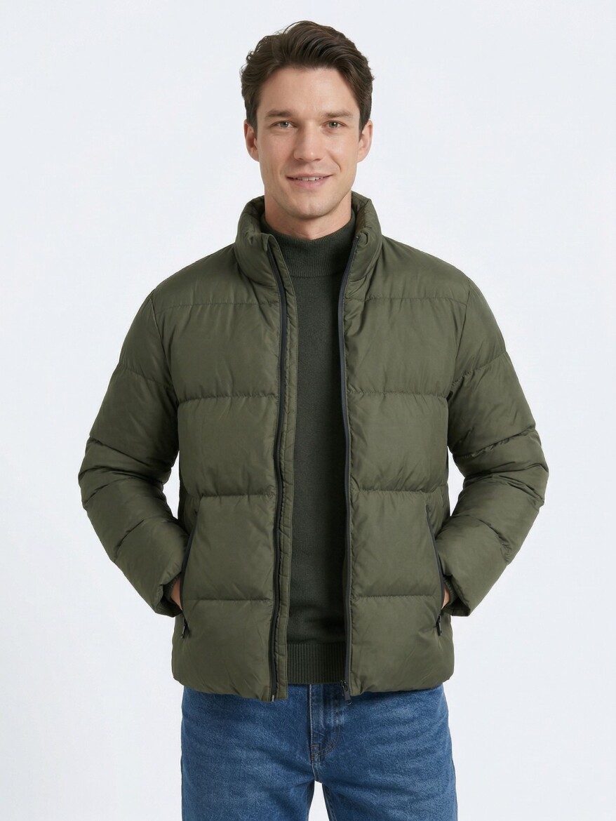 Haki Regular Fit Dik Yaka Casual Dokuma Mont - KİP