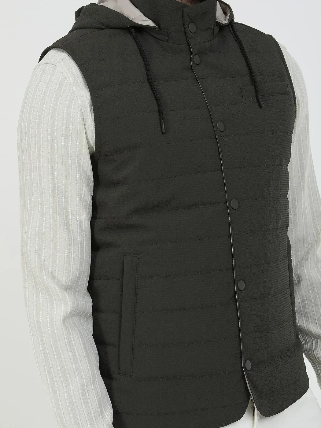 Haki Regular Fit Dik Yaka Casual Dokuma Spor Yelek - 3