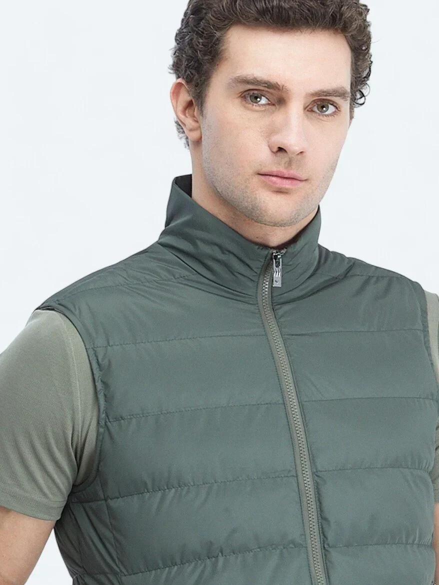 Haki Regular Fit Dik Yaka Casual Dokuma Spor Yelek - 4