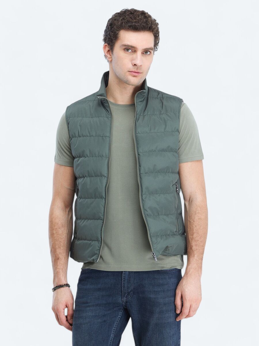 Haki Regular Fit Dik Yaka Casual Dokuma Spor Yelek - 1