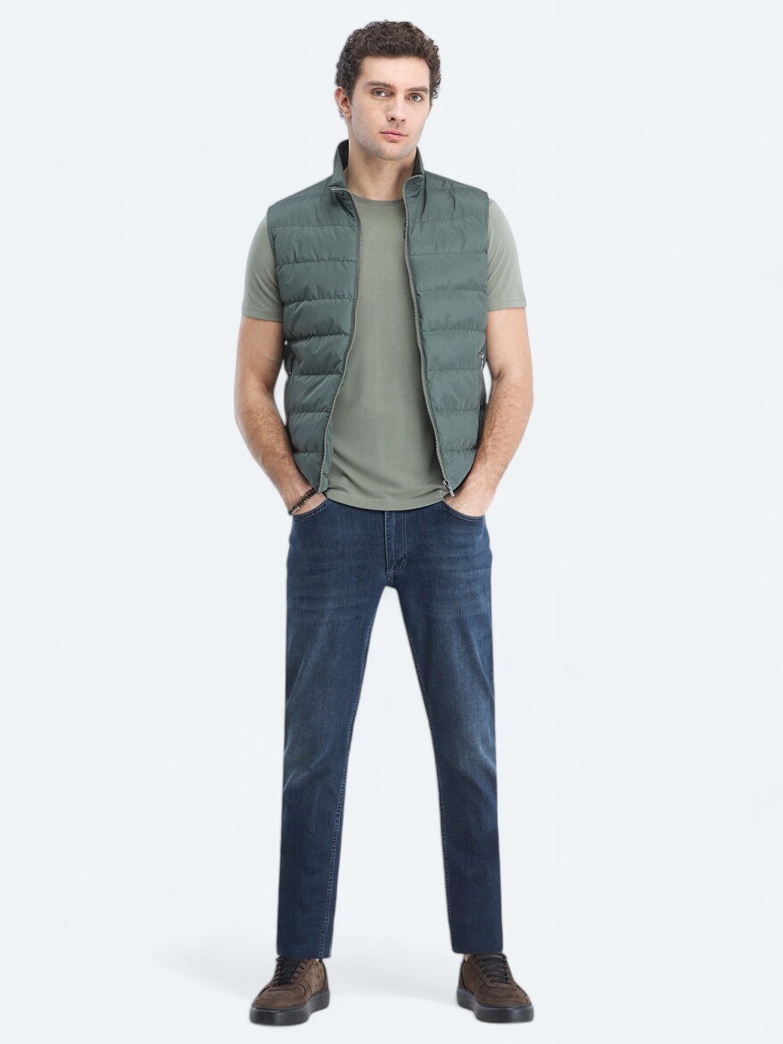 Haki Regular Fit Dik Yaka Casual Dokuma Spor Yelek - 2