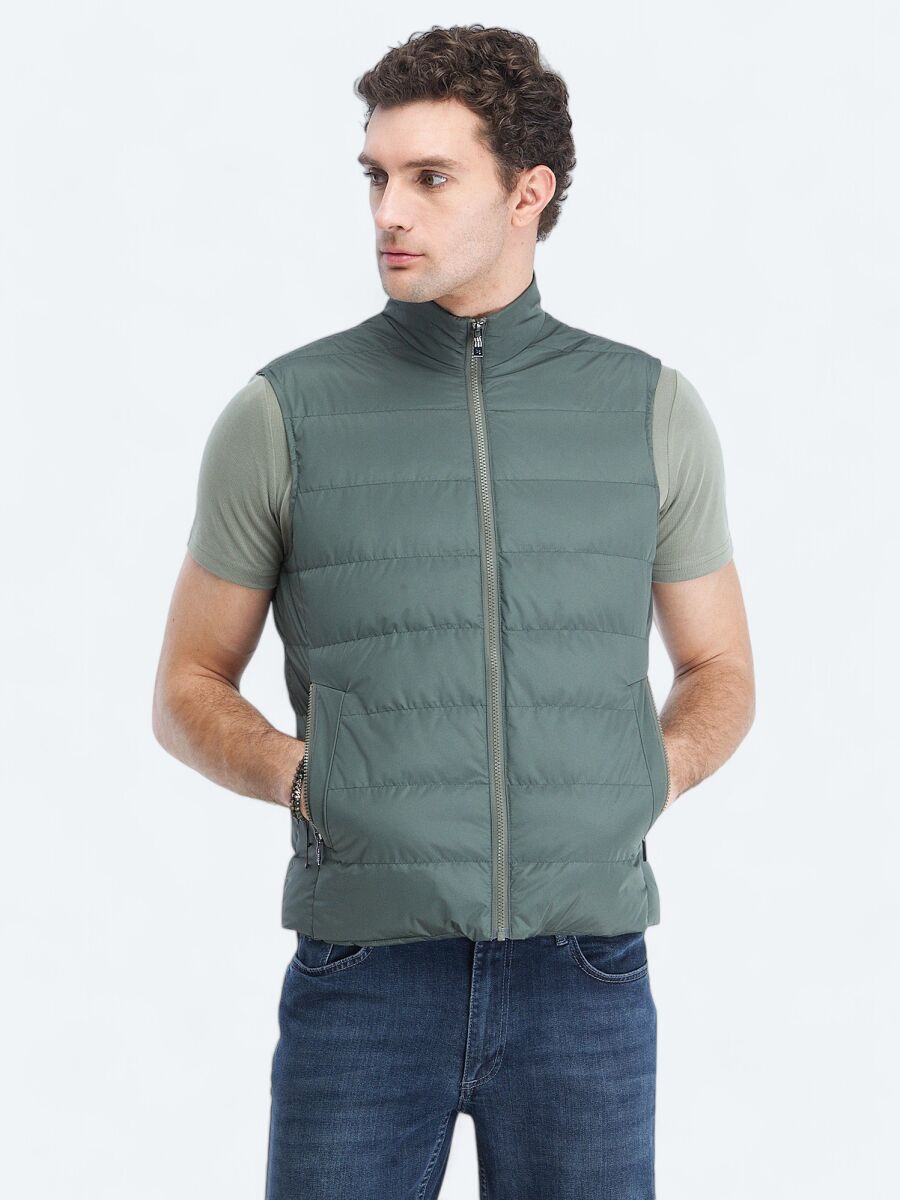 Haki Regular Fit Dik Yaka Casual Dokuma Spor Yelek - 3