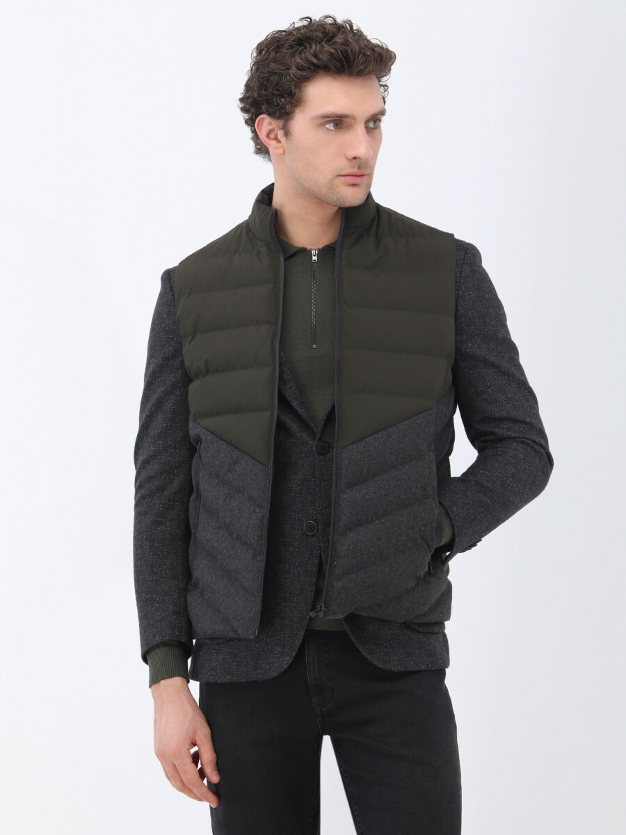 Haki Regular Fit Dik Yaka Casual Dokuma Spor Yelek - 2