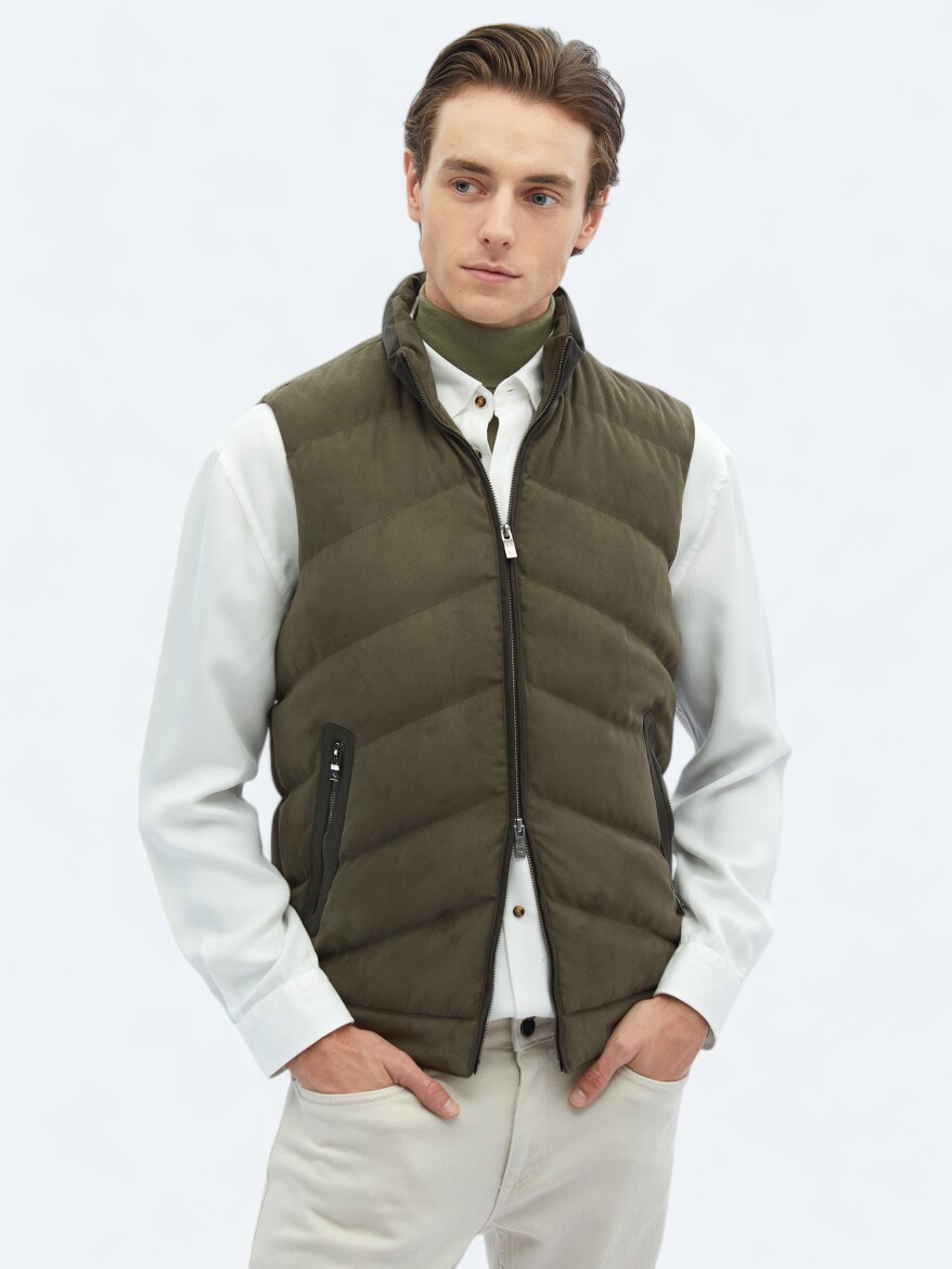 Haki Regular Fit Dik Yaka Casual Dokuma Spor Yelek - 3