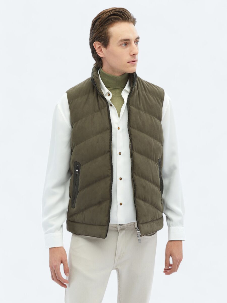 Haki Regular Fit Dik Yaka Casual Dokuma Spor Yelek - 4